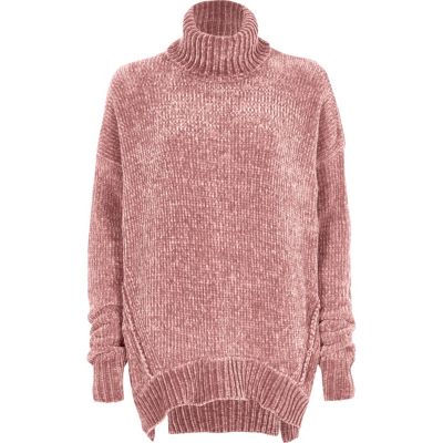 Rosa Oversized-Rollkragenpullover aus Chenille