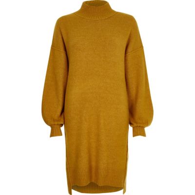 Mustard balloon sleeve high neck jumper dress