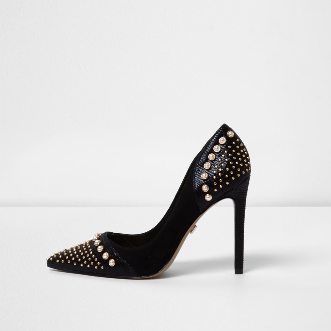 Black faux pearl embellished court shoes