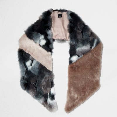 Teal green mixed faux fur block shawl scarf