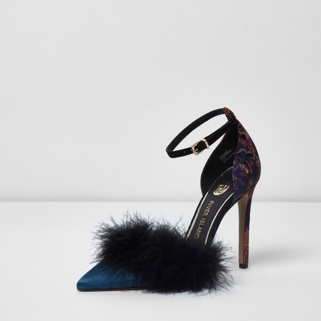 Navy faux fur two part court shoes