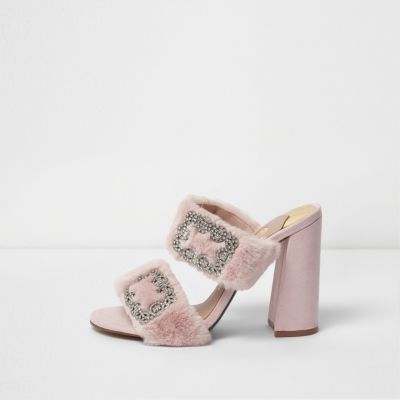 Pink faux fur diamante block heel mules