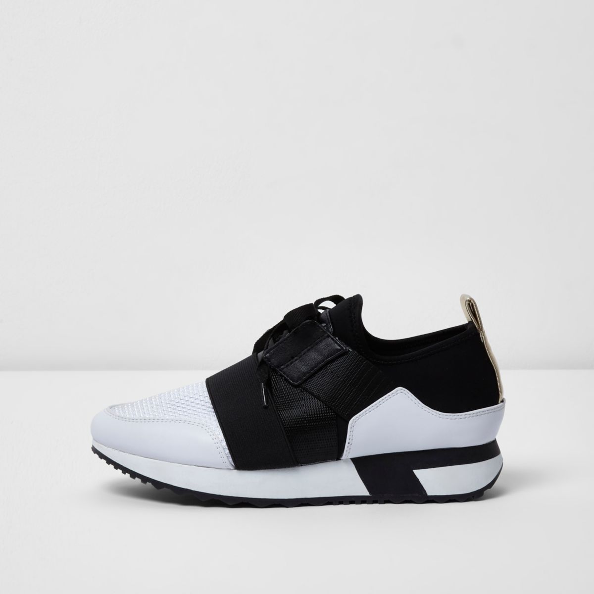 White and black elastic strap runner trainers - Plimsolls & Trainers ...