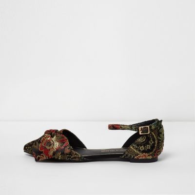 Black floral jacquard pointed two part shoes