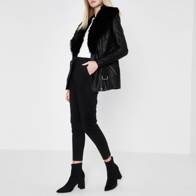 Black faux fur collar belted jacket