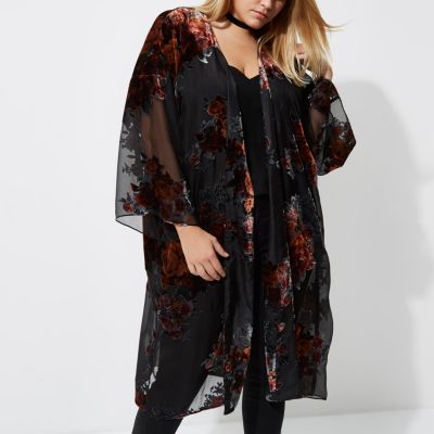 Plus black sheer floral duster coat