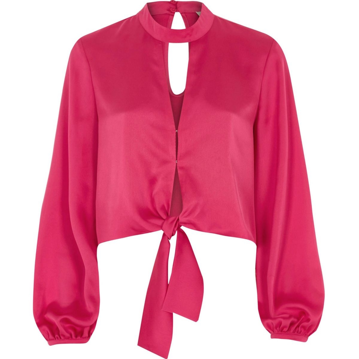  Bright  pink  satin choker long  sleeve  crop top Tops  