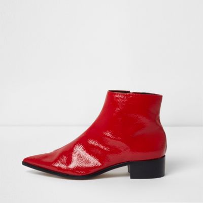 Red patent pointed ankle boots