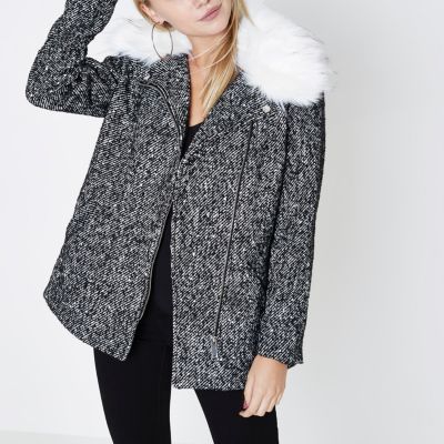 Petite grey faux fur collar biker jacket
