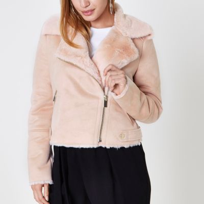 Petite light pink faux shearling biker jacket