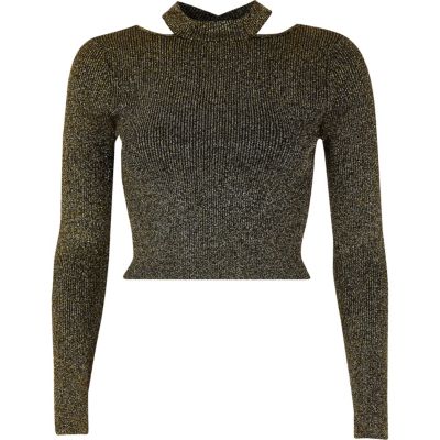 Black and gold lurex stitch fitted crop top