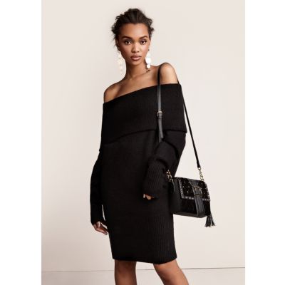 Robe pull noire à encolure Bardot à revers