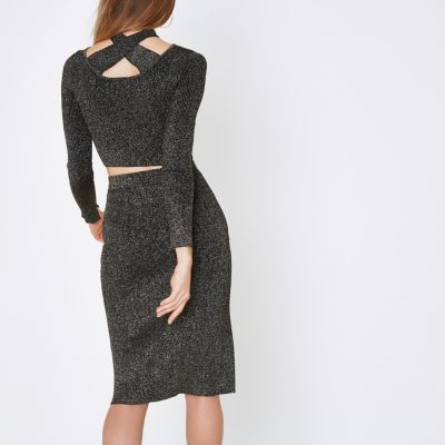 Black and gold lurex stitch fitted midi skirt