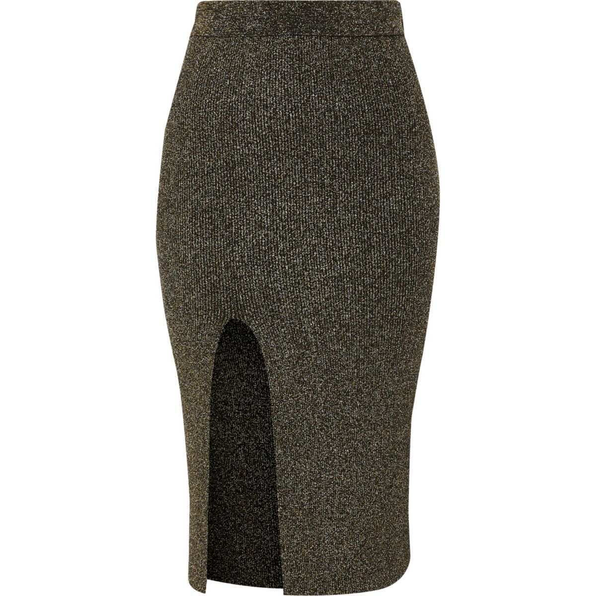 Black and gold lurex stitch fitted midi skirt
