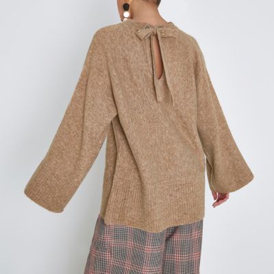 Light brown wide sleeve tie back jumper