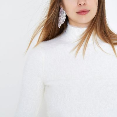 White fluffy knit high neck jumper