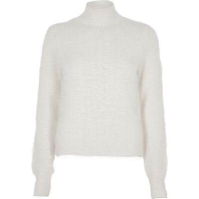 White fluffy knit high neck jumper