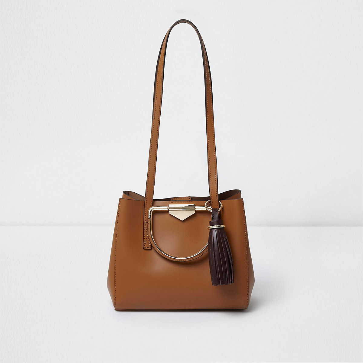 Tan leather metal handle tassel mini tote bag - Shopper & Tote Bags ...