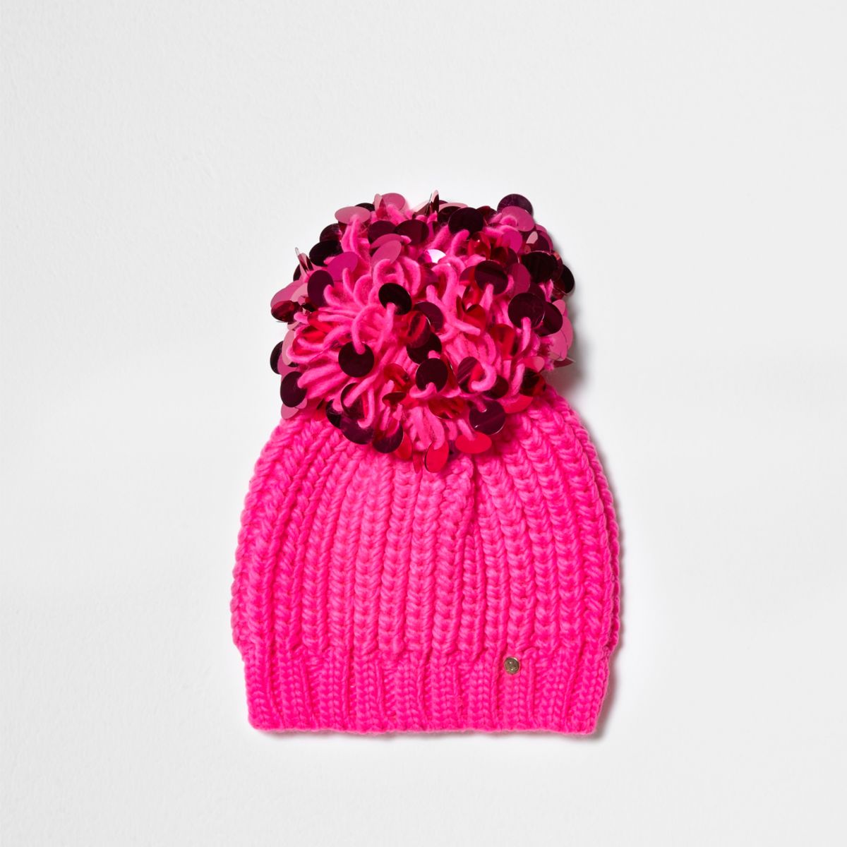 Bright pink sequin bobble beanie hat Hats Accessories women