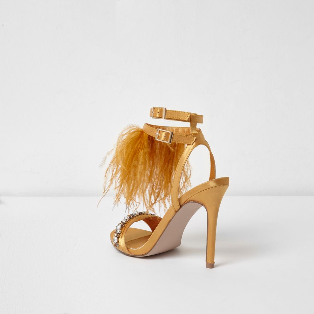 Yellow satin feather gem heeled sandals