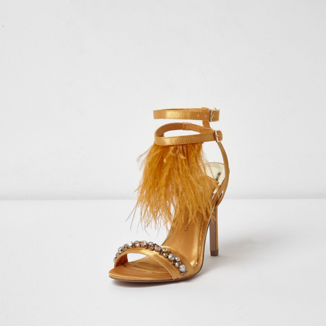 Yellow satin feather gem heeled sandals