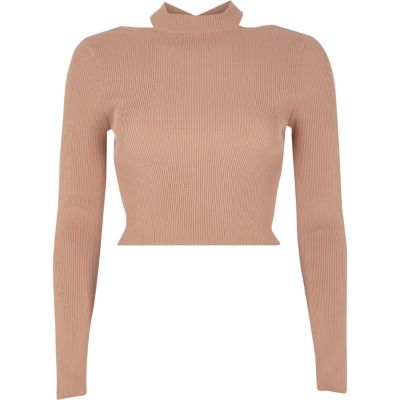 Pink ribbed fitted long sleeve crop top
