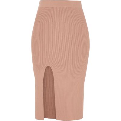 Pink ribbed fitted midi skirt