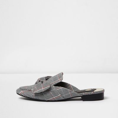 Black check bow backless loafers