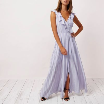 River Island Lila gestreepte maxi-overslagjurk met ruches