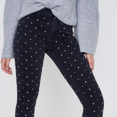 Black diamante stud Amelie super skinny jeans