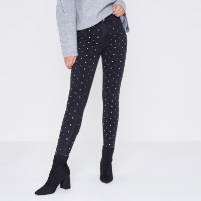 Black diamante stud Amelie super skinny jeans