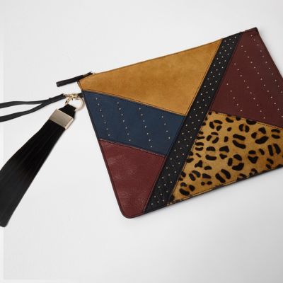 Beige leather patchwork stud large clutch bag