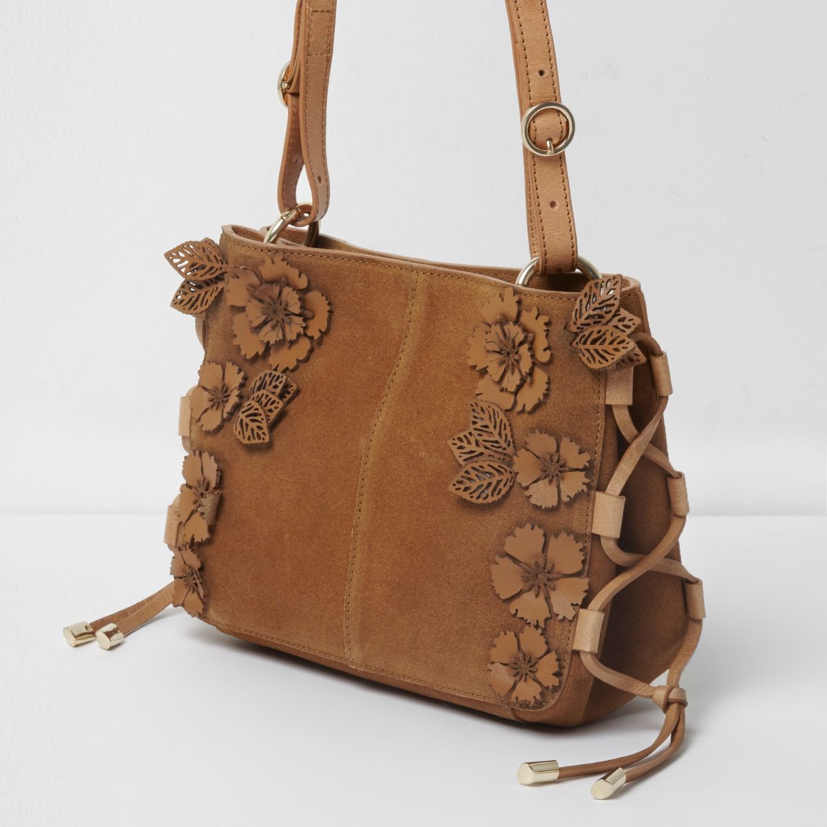 Tan suede 3D flower cross body bag - Shoulder Bags - Bags & Purses - women