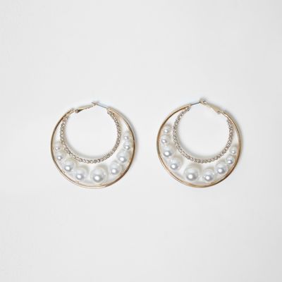 Gold tone faux pearl insert hoop earrings