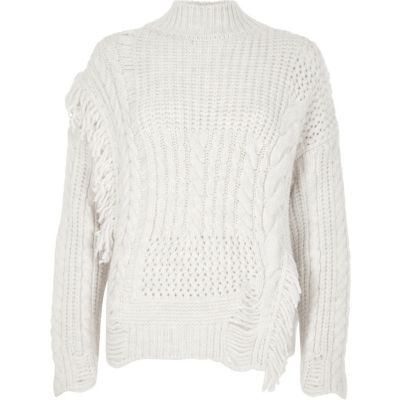 Cream mixed stitch fringe cable knit jumper