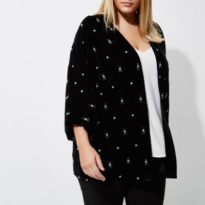 Plus black velvet faux pearl kimono