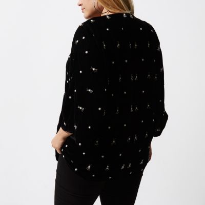 Plus black velvet faux pearl kimono