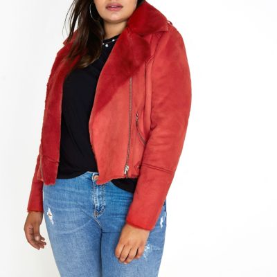 Plus red faux shearling biker jacket