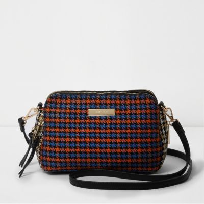 Sac motif carreaux et pied-de-poule orange à trois compartiments