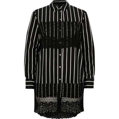 Black stripe lace panel longline shirt