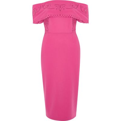 River Island Roze geborduurde midi-bodyconjurk in bardotstijl