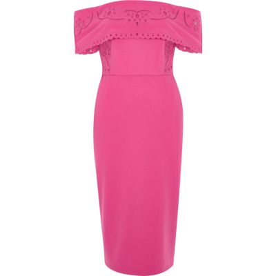 Pinkes Bodycon-Midikleid mit Lochstickerei