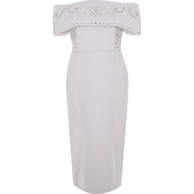 Hellgraues Bodycon-Midikleid mit Lochstickerei