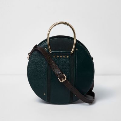 Dark green leather round cross body bag