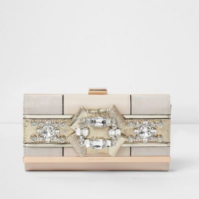 Cream gem embellished clip top purse