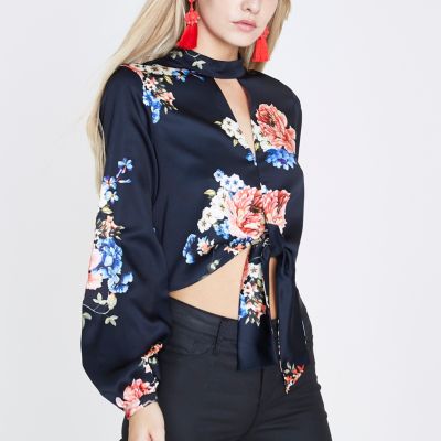 Petite black floral choker tie front crop top