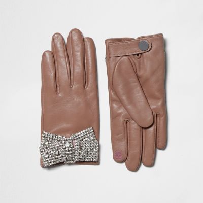 Light pink diamante embellished bow gloves