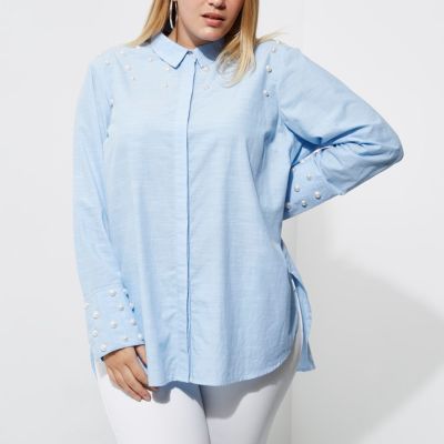 Plus blue faux pearl embellished shirt