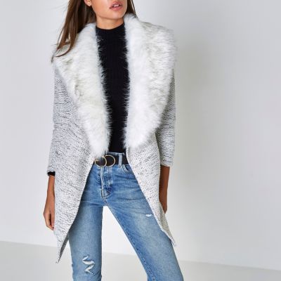 Light grey jersey faux fur collar jacket