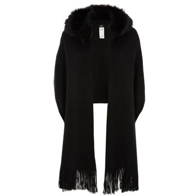 Black faux fur trim hood scarf